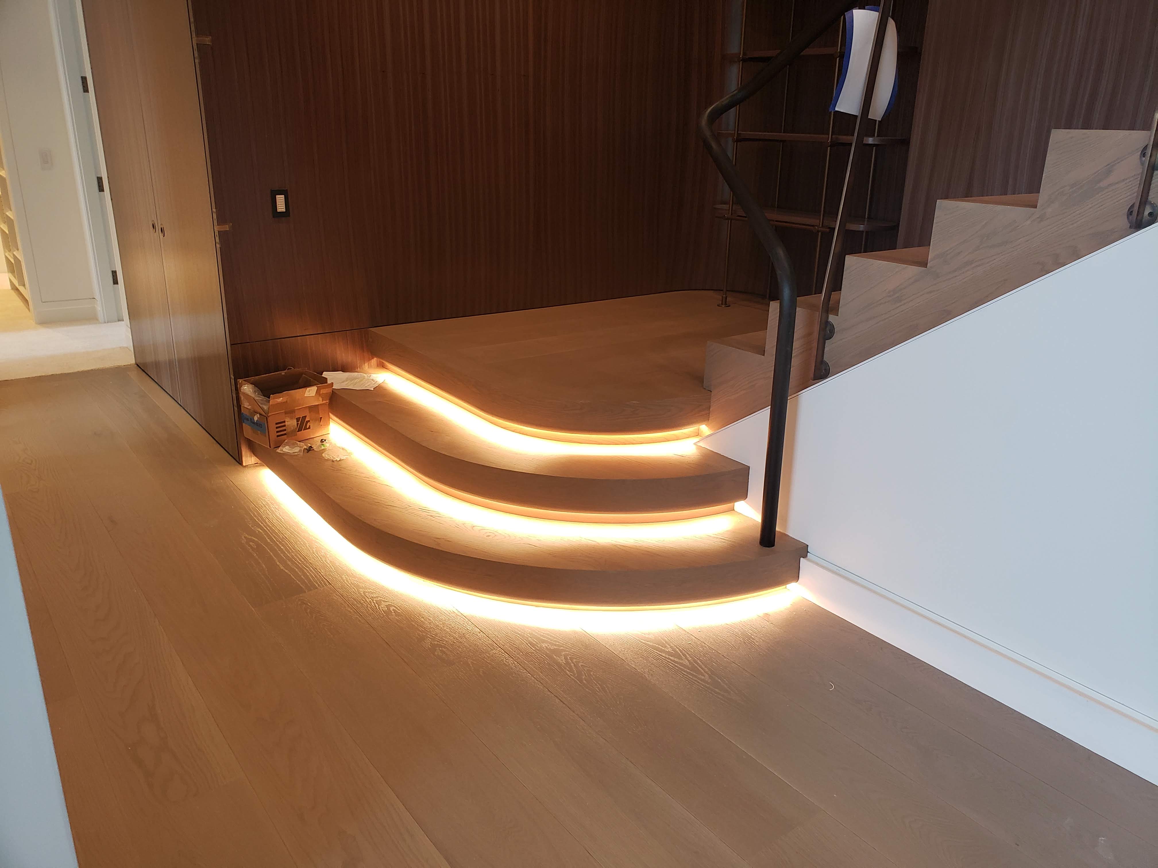 LED strip lighting on curved stair risers